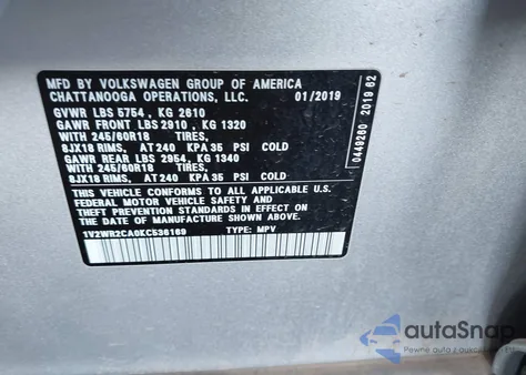 2019 Volkswagen Atlas 3.6L V6 Se W/Technology z USA, uszkodzony, nr VIN 1V2WR2CA0KC536169